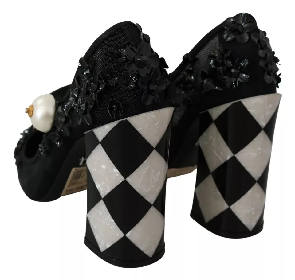 Black Floral Embellish Heels Mary Janes Pumps Shoes