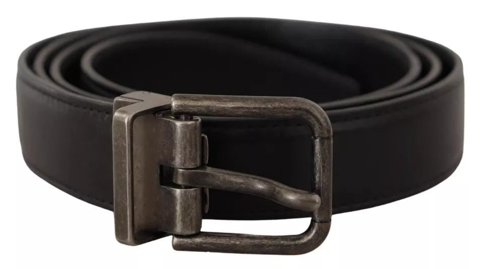 Black Calf Leather Vintage Logo Metal Buckle Belt