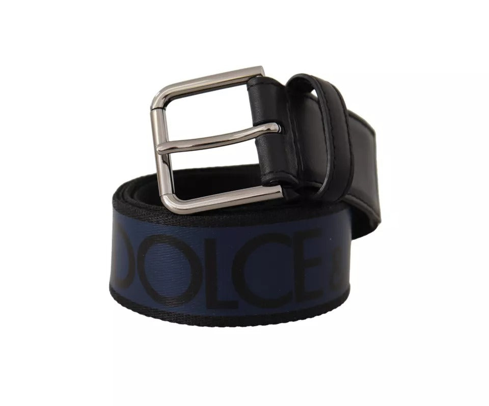 Blue Black Logo Print Silver Buckle Belt