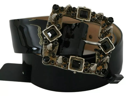 Black Shiny Leather Crystal Logo Buckle Belt