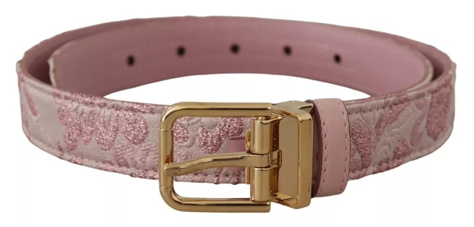 Pink Jaquard Embroidered Gold Tone Metal Buckle Belt