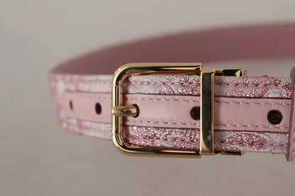 Pink Jaquard Embroidered Gold Tone Metal Buckle Belt