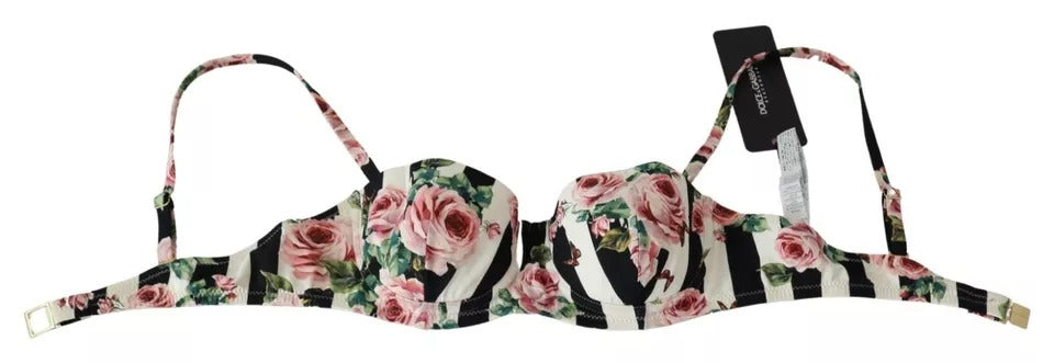 Multicolor Striped Rose Print Swimwear Bikini Top