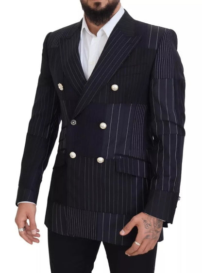 Blue Wool Patchwork Double Breasted Blazer