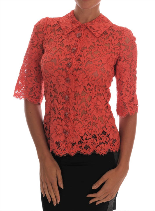 Elegant Orange Floral Lace Crystal Cardigan Blouse