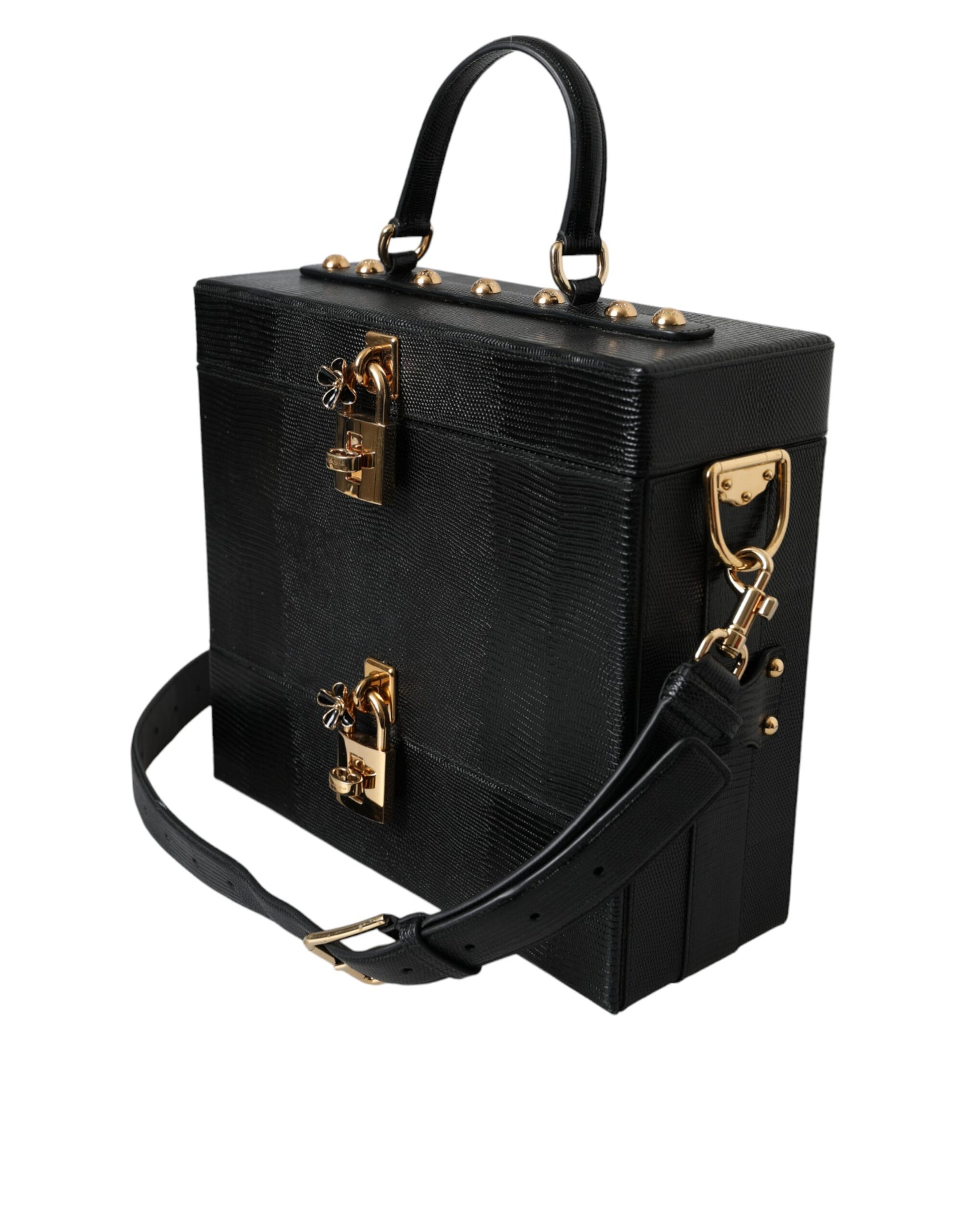 Black Lizard Embossed Calfskin Leather Double Box Bag