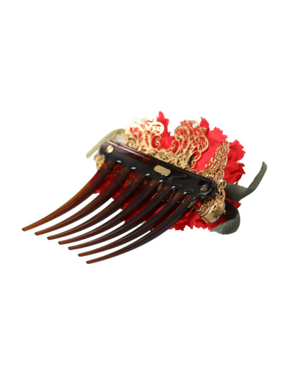 Red Silk Floral Gold Brass Women Hair Comb