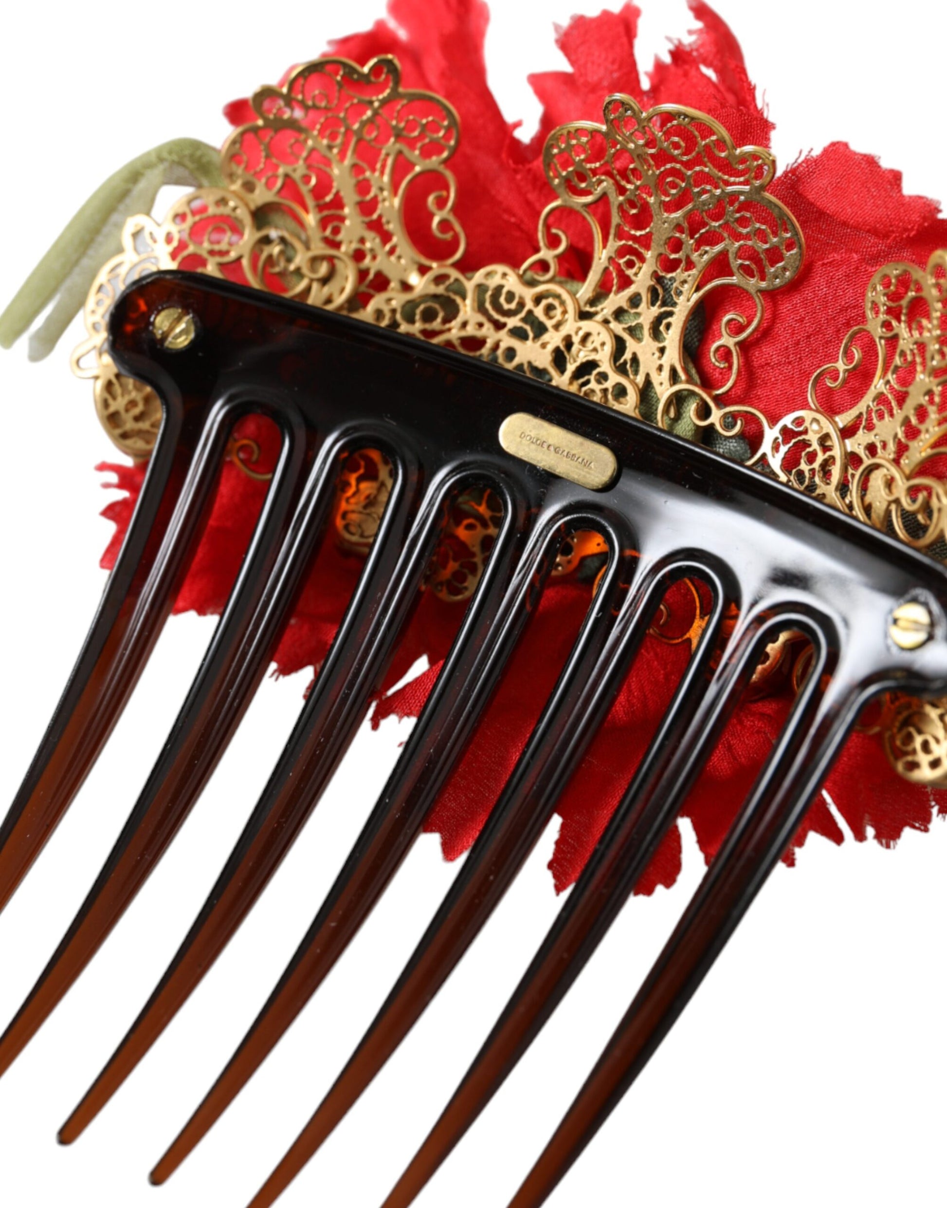 Red Silk Floral Gold Brass Women Hair Comb