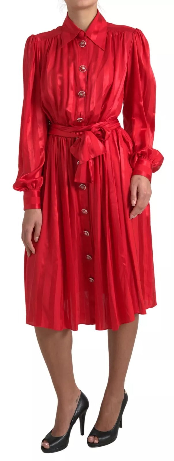 Elegant Red Silk Midi Dress with Button Detail