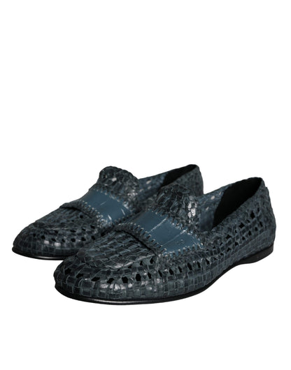 Blue Woven Leather Slip On Loafers Men Shoes