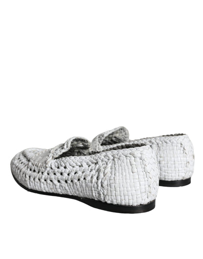 White Woven Leather Slip On Loafers Men Shoes