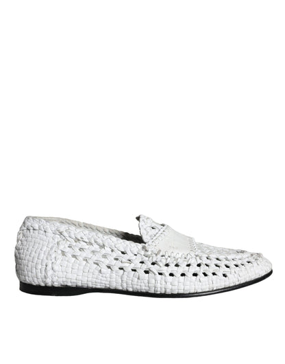 White Woven Leather Slip On Loafers Men Shoes