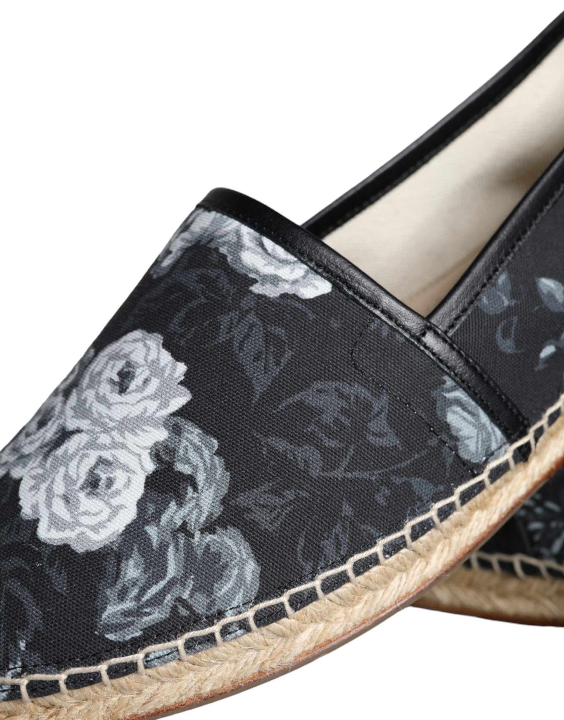 Black Floral Cotton Leather Espadrilles Shoes