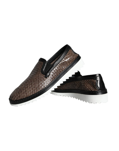 Brown Black Leather Weaved Men Loafers Shoes