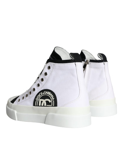 White Black Cotton Logo High Top Sneaker Shoes