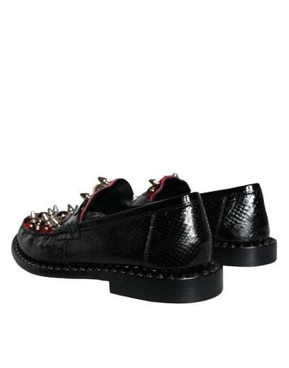 Black Leopard Print Studs Leather Loafers Shoes