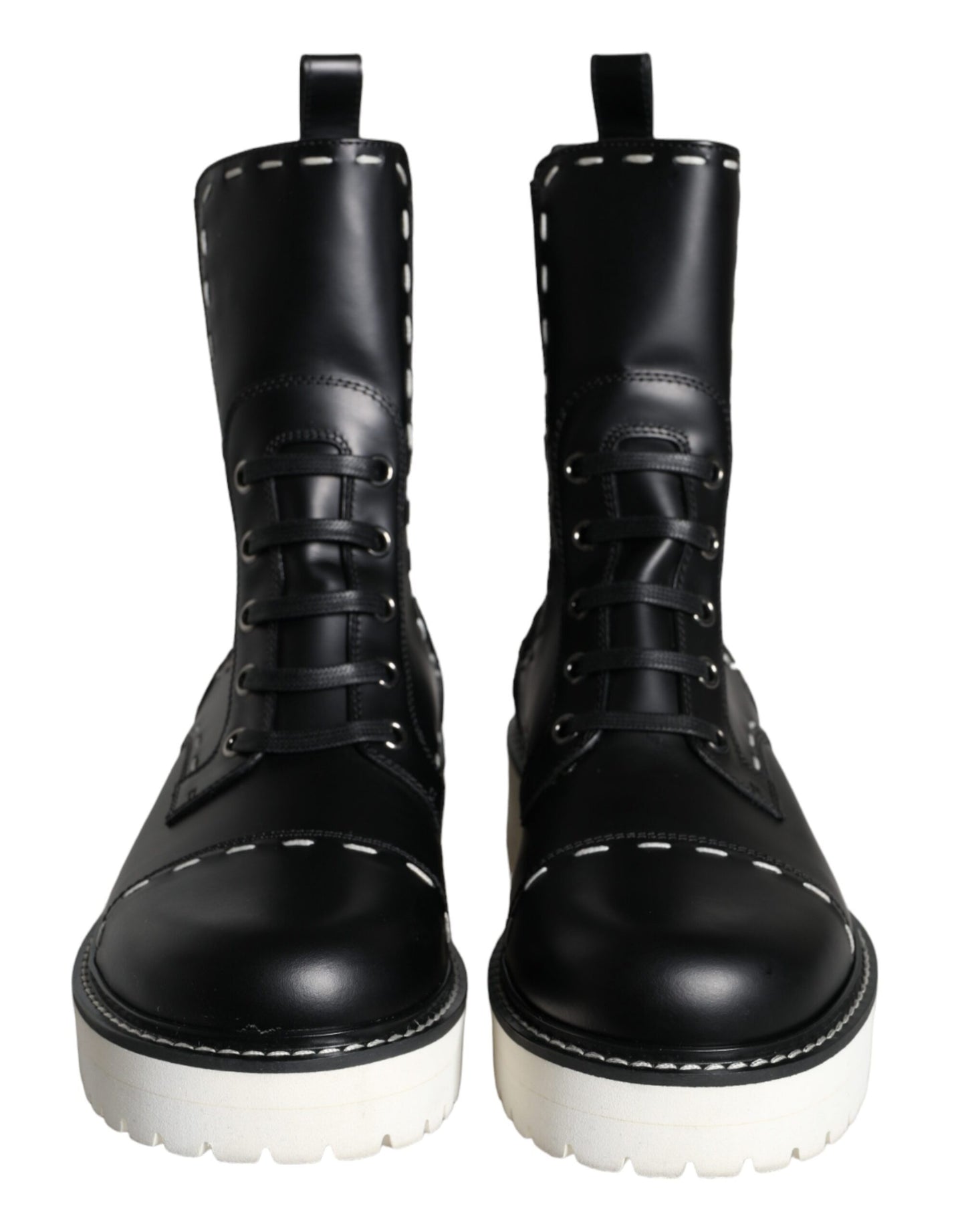 Black Leather Combat Mid Calf Boots Shoes