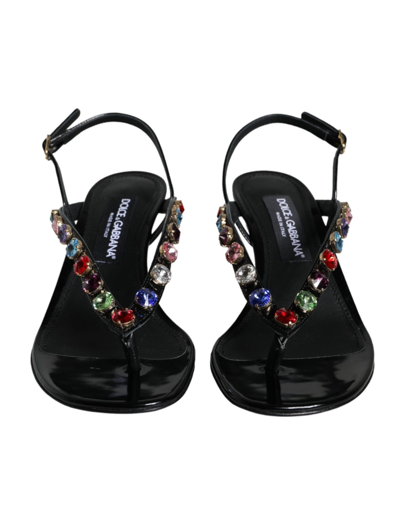 Black Leather Crystal Slingback Sandals Shoes