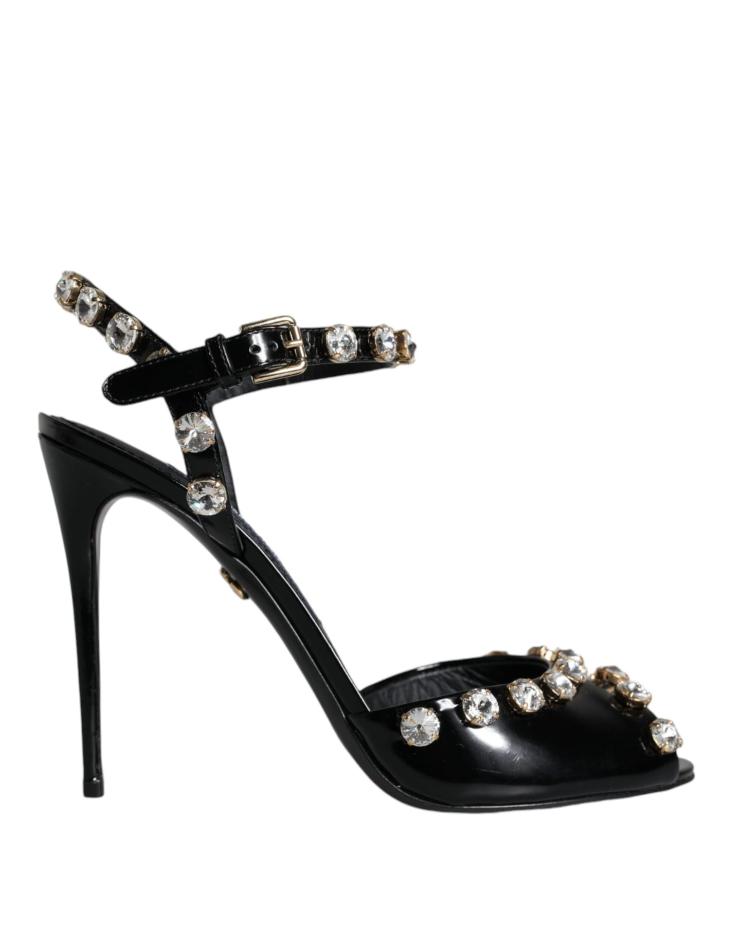 Black Leather Crystal Ankle Strap Sandals Shoes