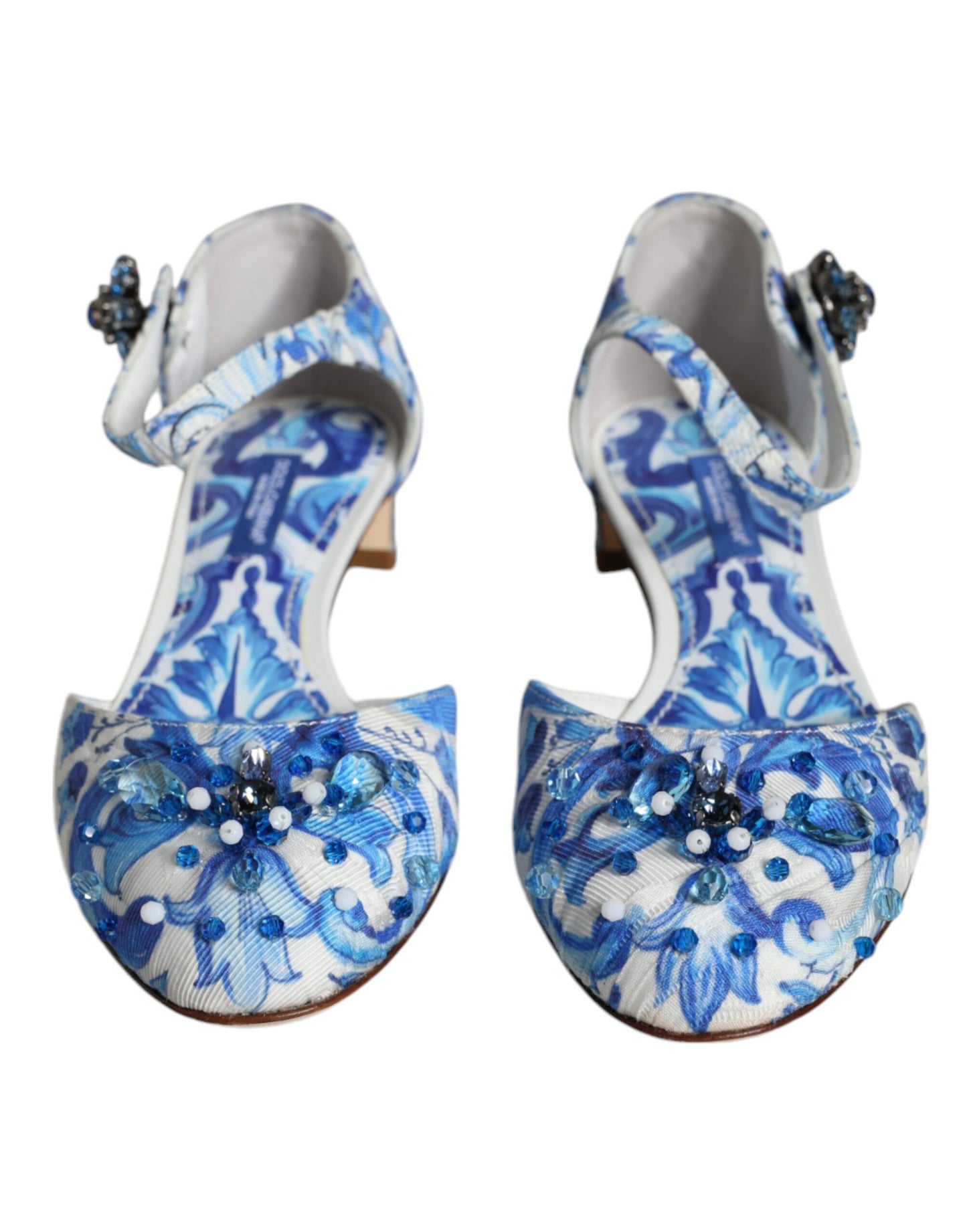 White Blue Majolica Print Ankle Strap Sandals Shoes