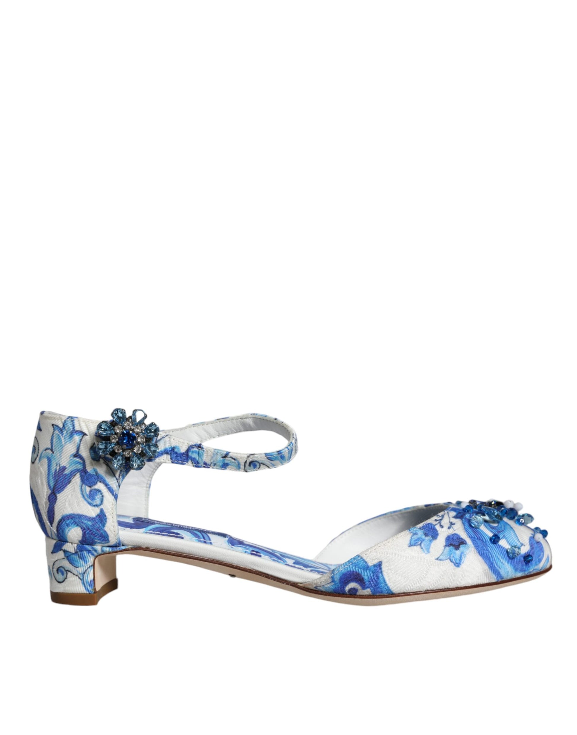 White Blue Majolica Print Ankle Strap Sandals Shoes