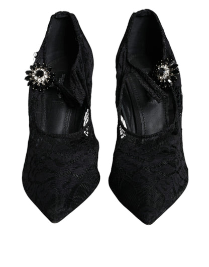 Black Mary Jane Pumps Lace Crystals Heels Shoes