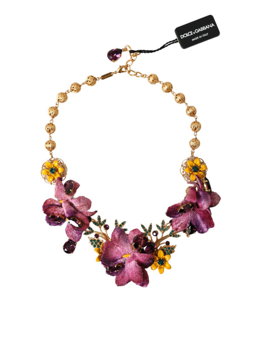 Gold Brass Mix Fiori Flowers Crystal Chain Necklace