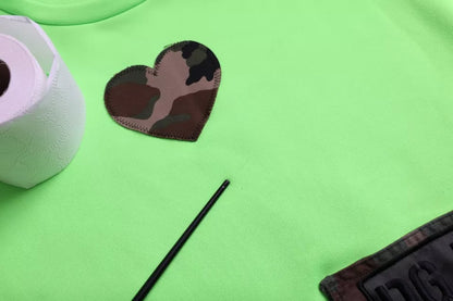 Green Patchwork Heart Crew Neck Pullover Sweater