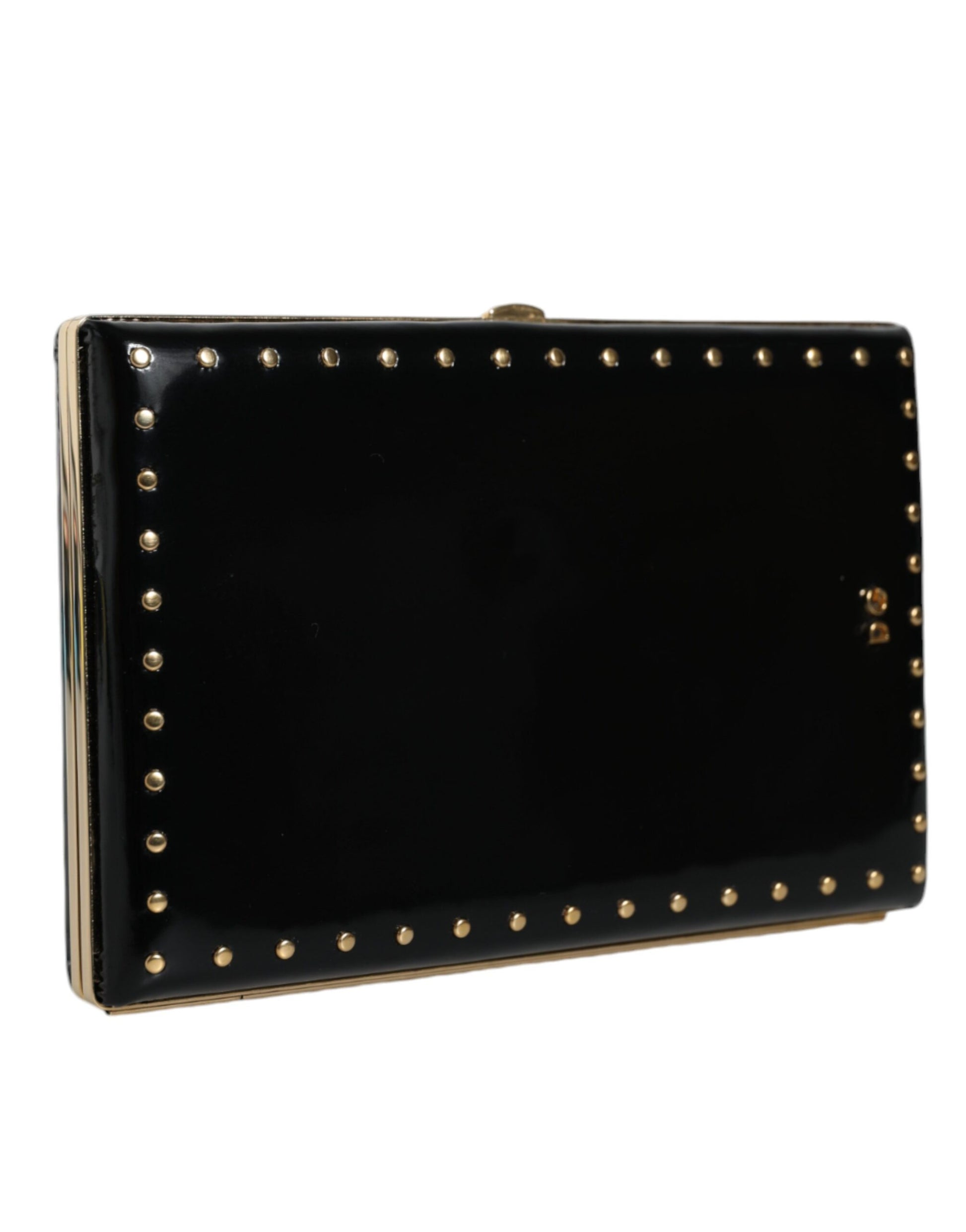 Black Leather Studs Gold Frame Clutch Evening Purse Bag