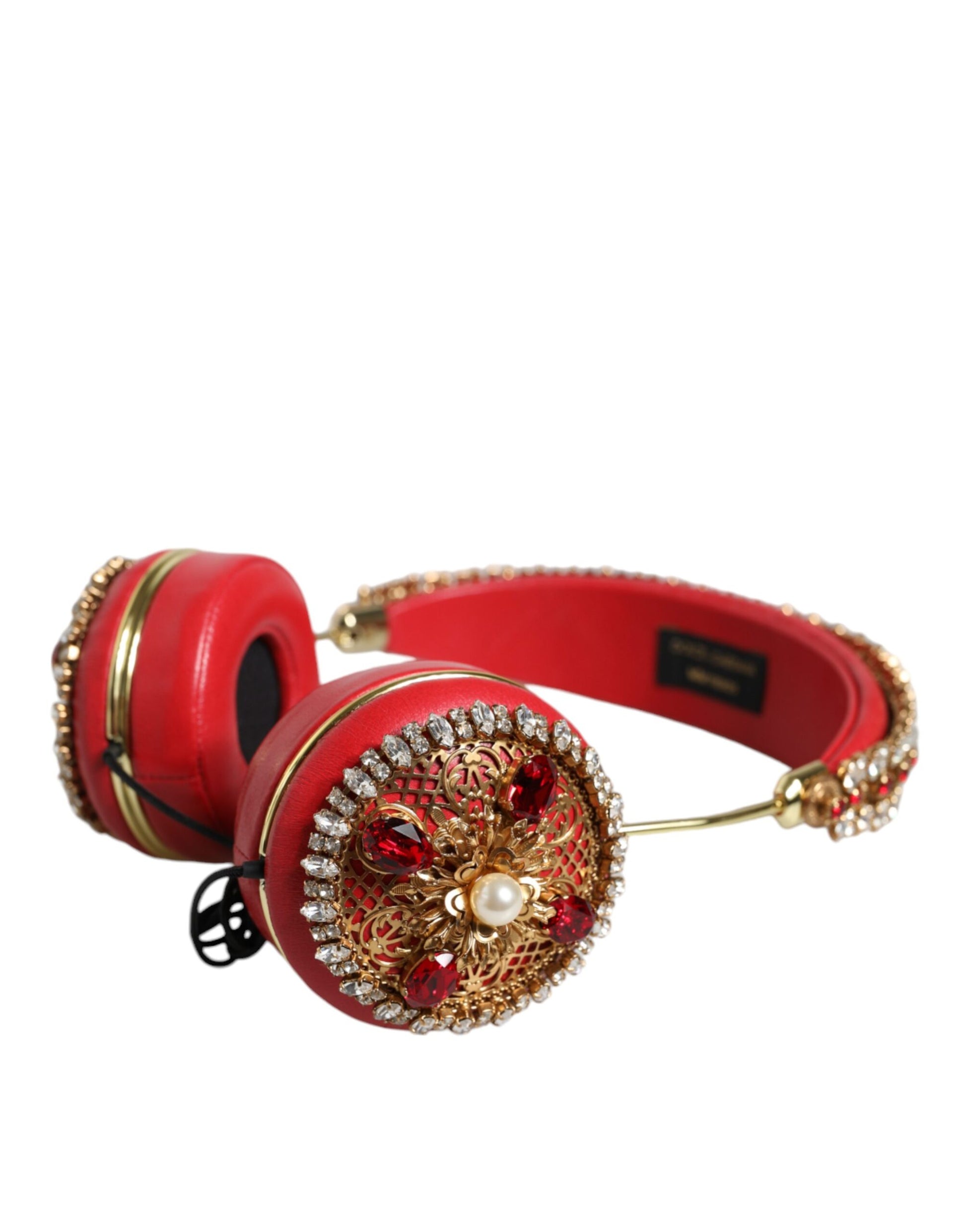 Red Nappa Leather Floral Crystal Headphone