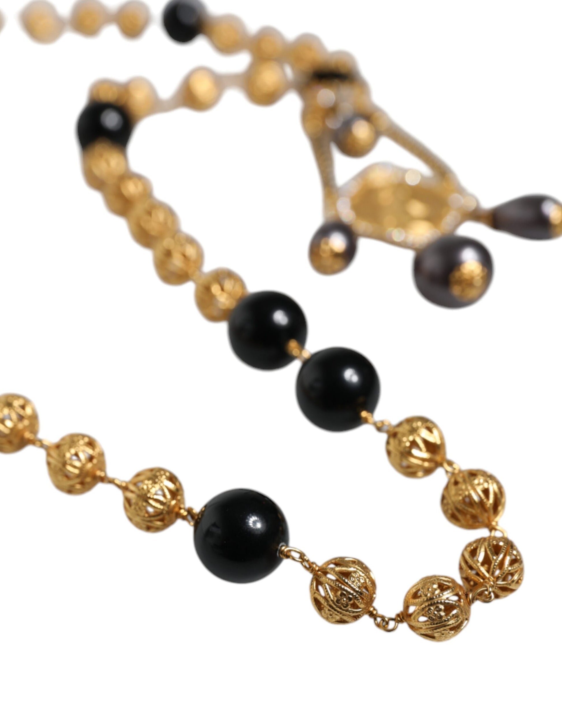 Gold Chain Brass Black Beaded Rosary Style Necklace