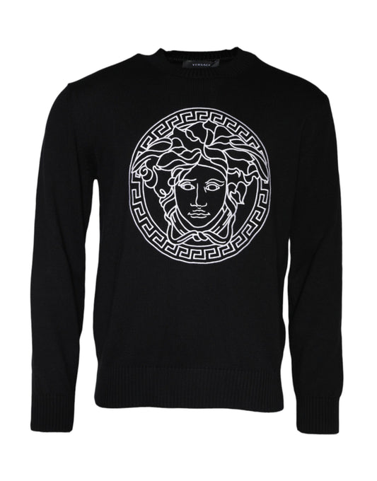 Black Medusa Embroidery Crew Neck Pullover Sweater