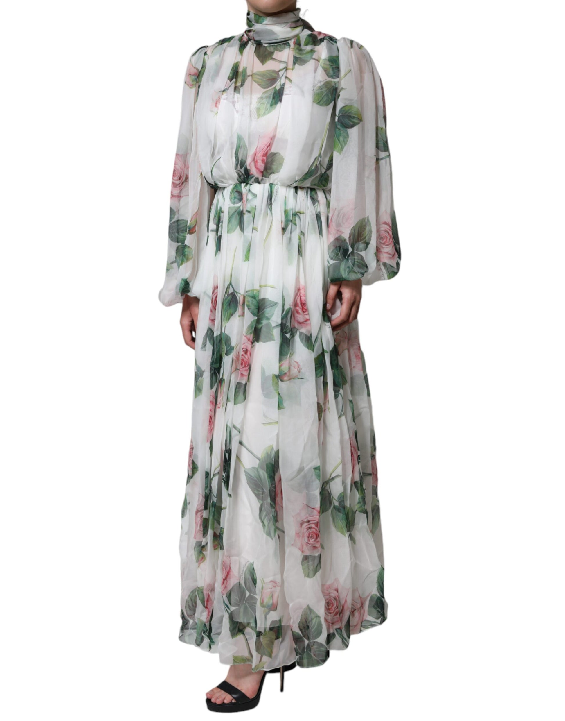 White Silk Floral Print Long Maxi Dress