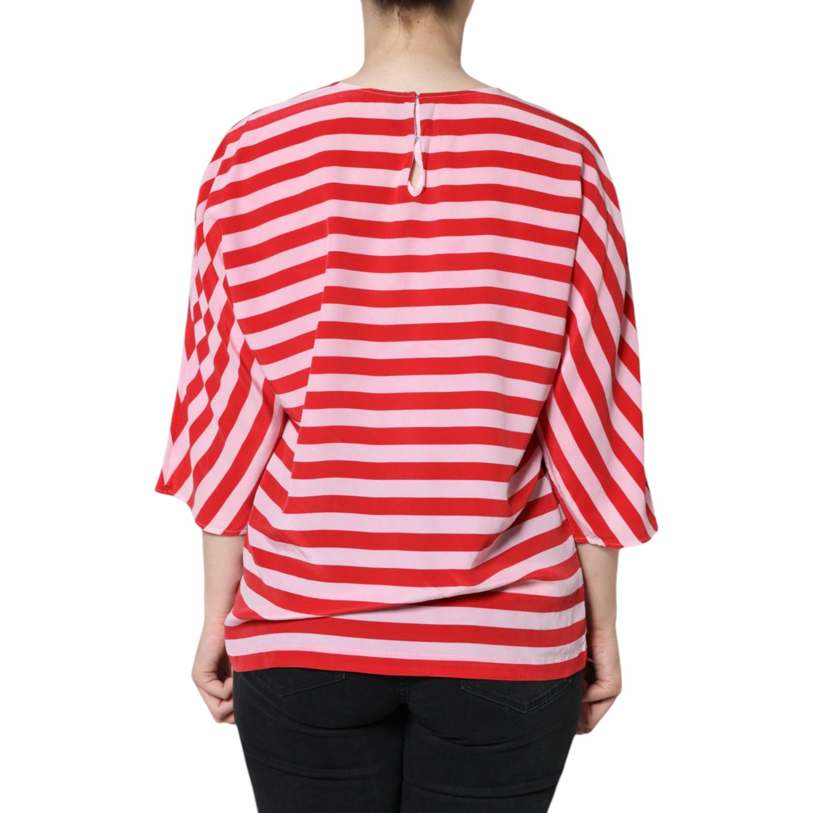 White Red Striped Silk Round Neck T-shirt