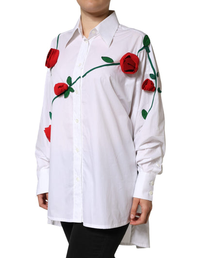 White Cotton Flower Applique Dress Shirt Top