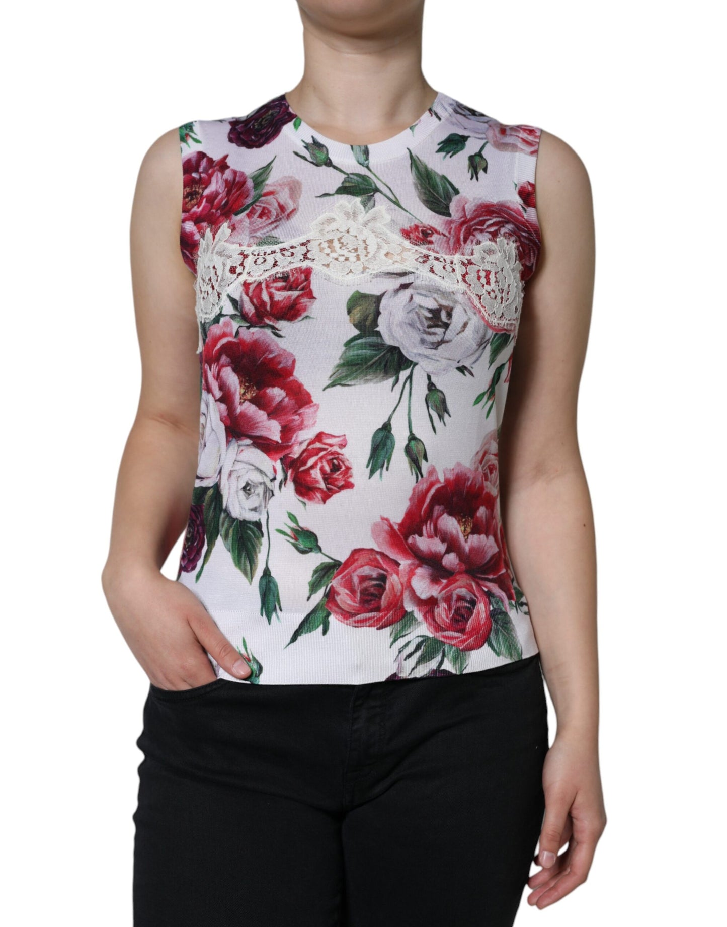 White Floral Lace Silk Sleeveless Tank Top