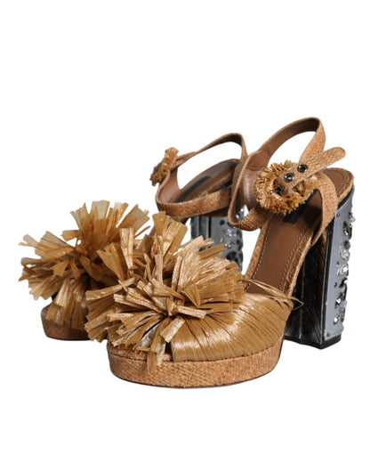 Brown Raffia Ankle Strap Crystal Sandals Shoes