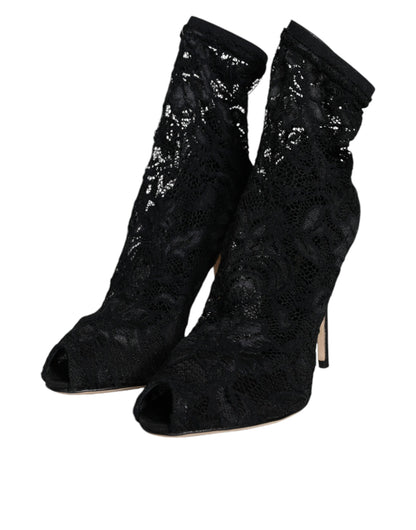 Black Lace Stretch Heels Mid Calf Boot Shoes