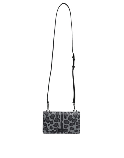 Black Gray Leopard Leather Bifold Card Slot Crossbody Bag