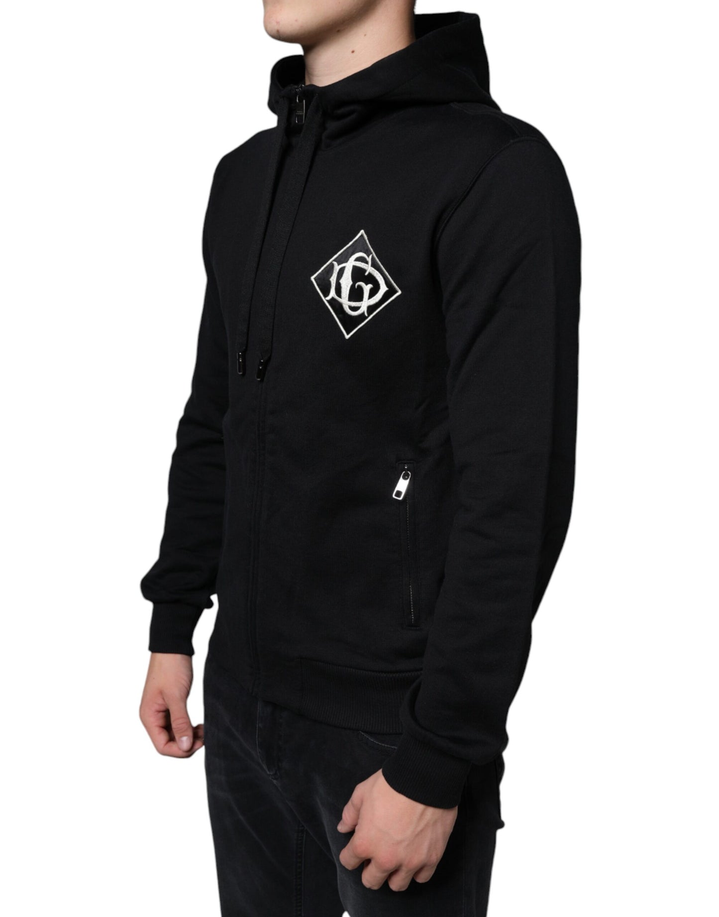 Black Cotton Hooded Logo Full Zip Sweater