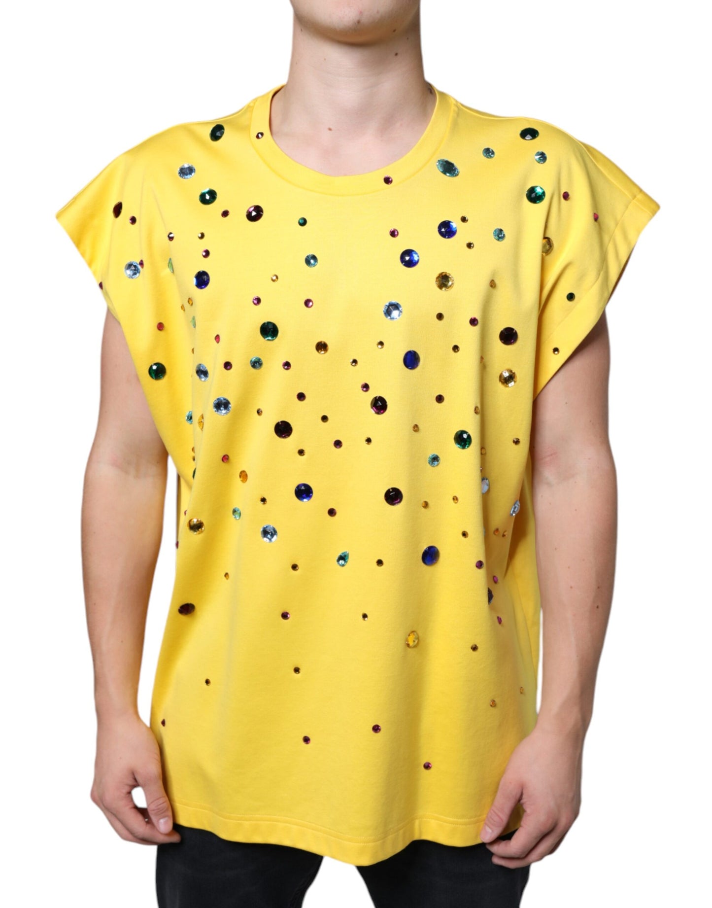 Yellow Cotton Crystal Sleeveless T-shirt