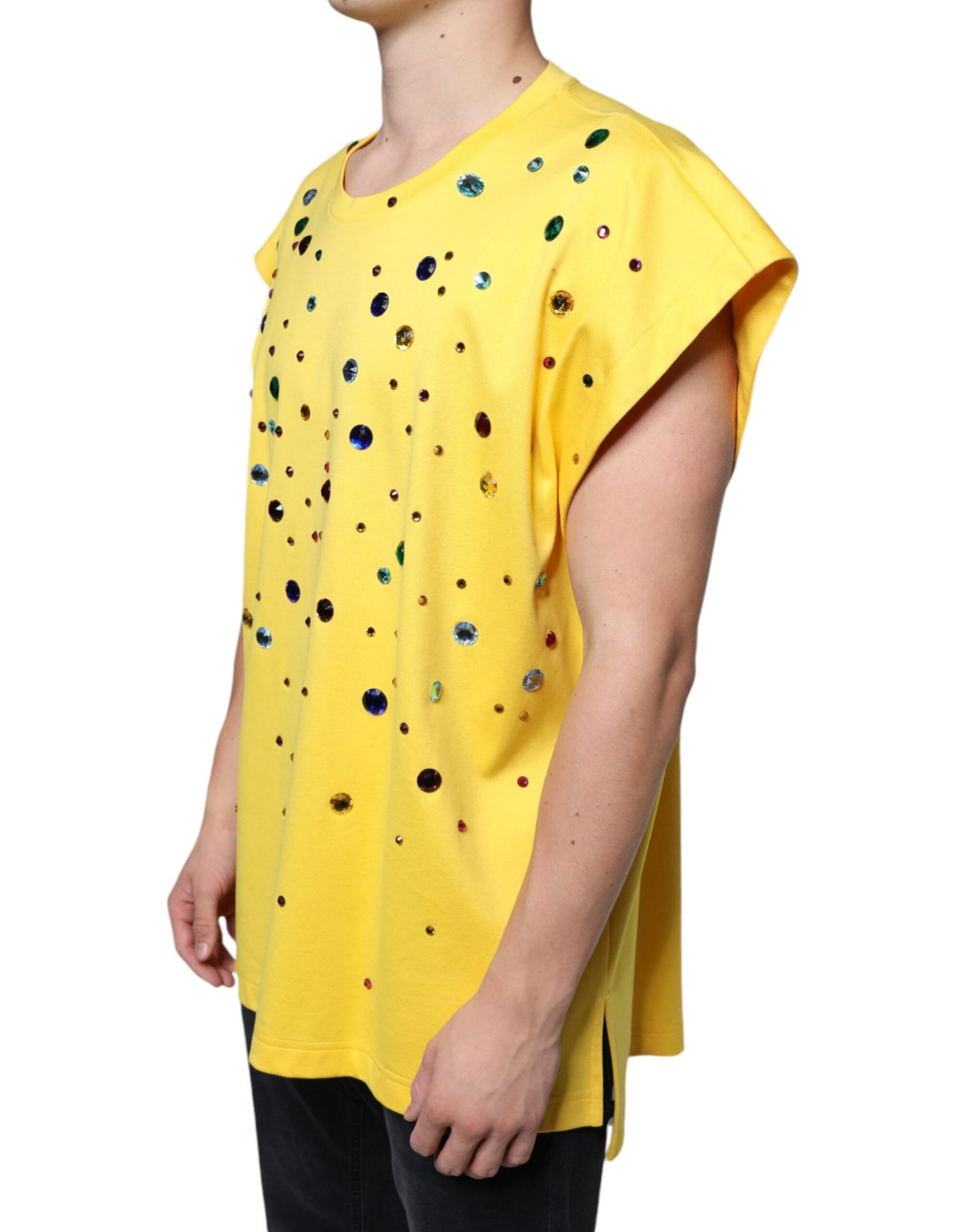 Yellow Cotton Crystal Sleeveless T-shirt