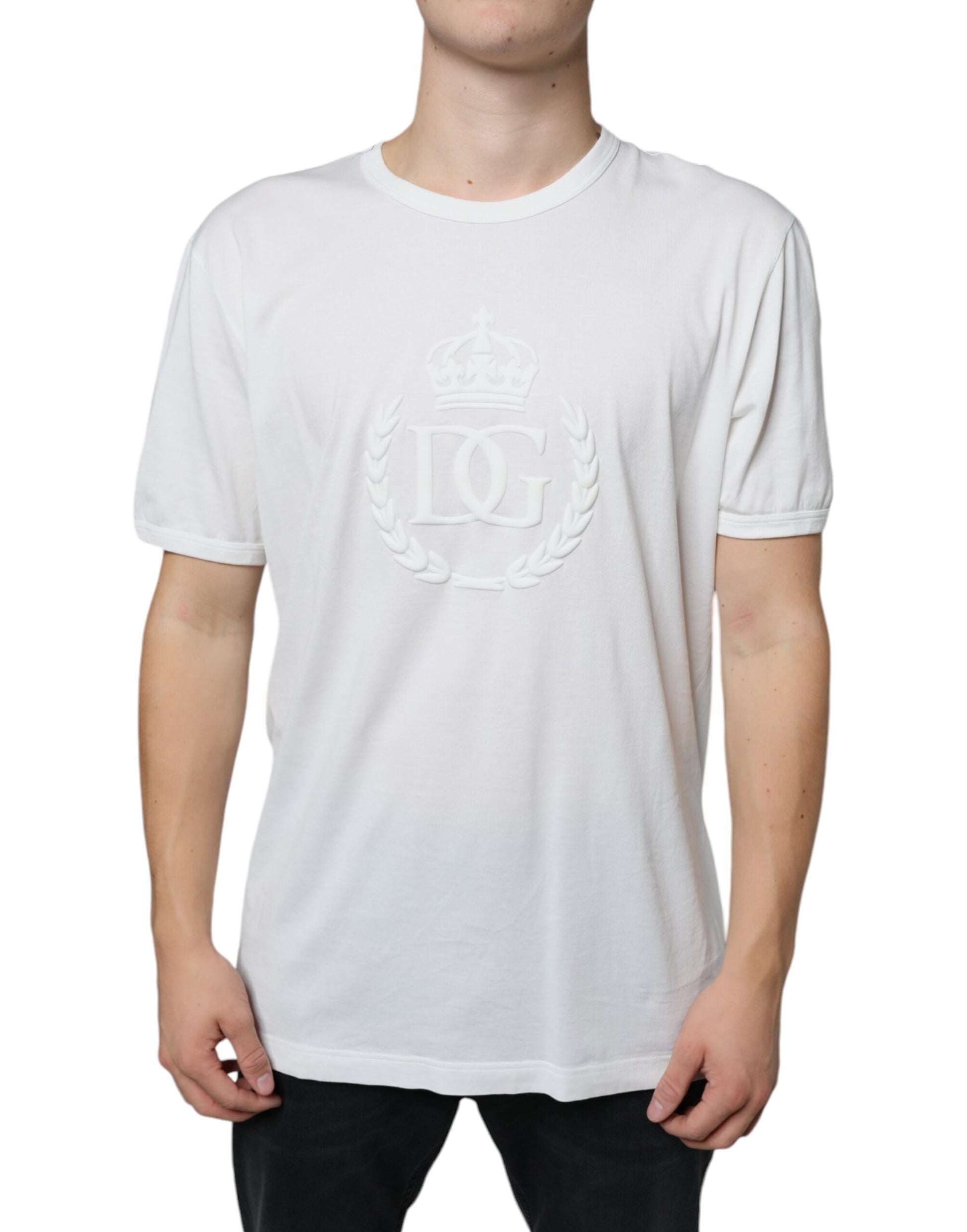 White Logo Embossed Cotton Crewneck T-shirt