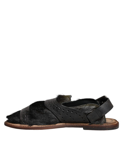 Black Gazelle Hair Leather Flats Sandals Shoes