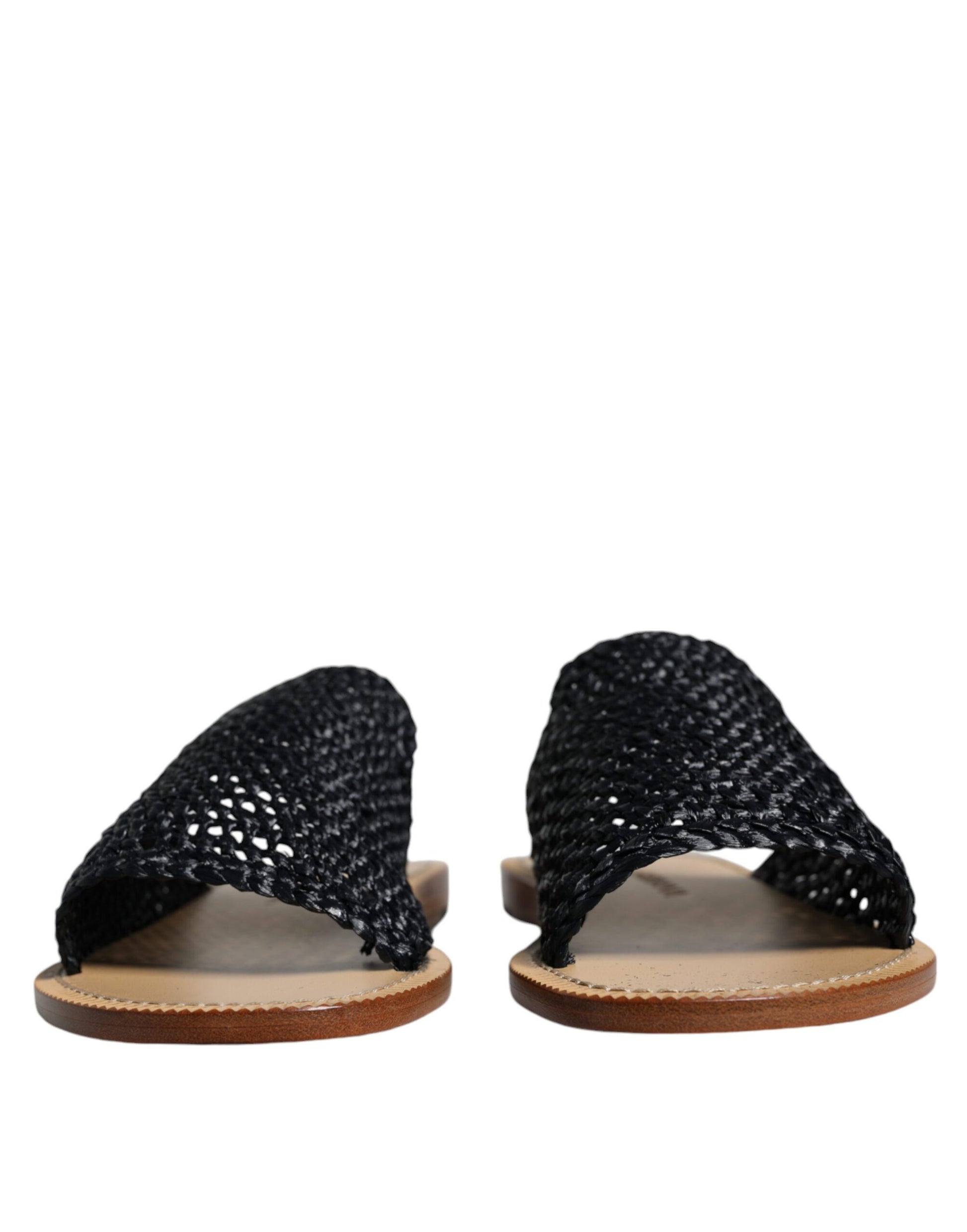 Black Monochrome Braided Raffia Slides Shoes