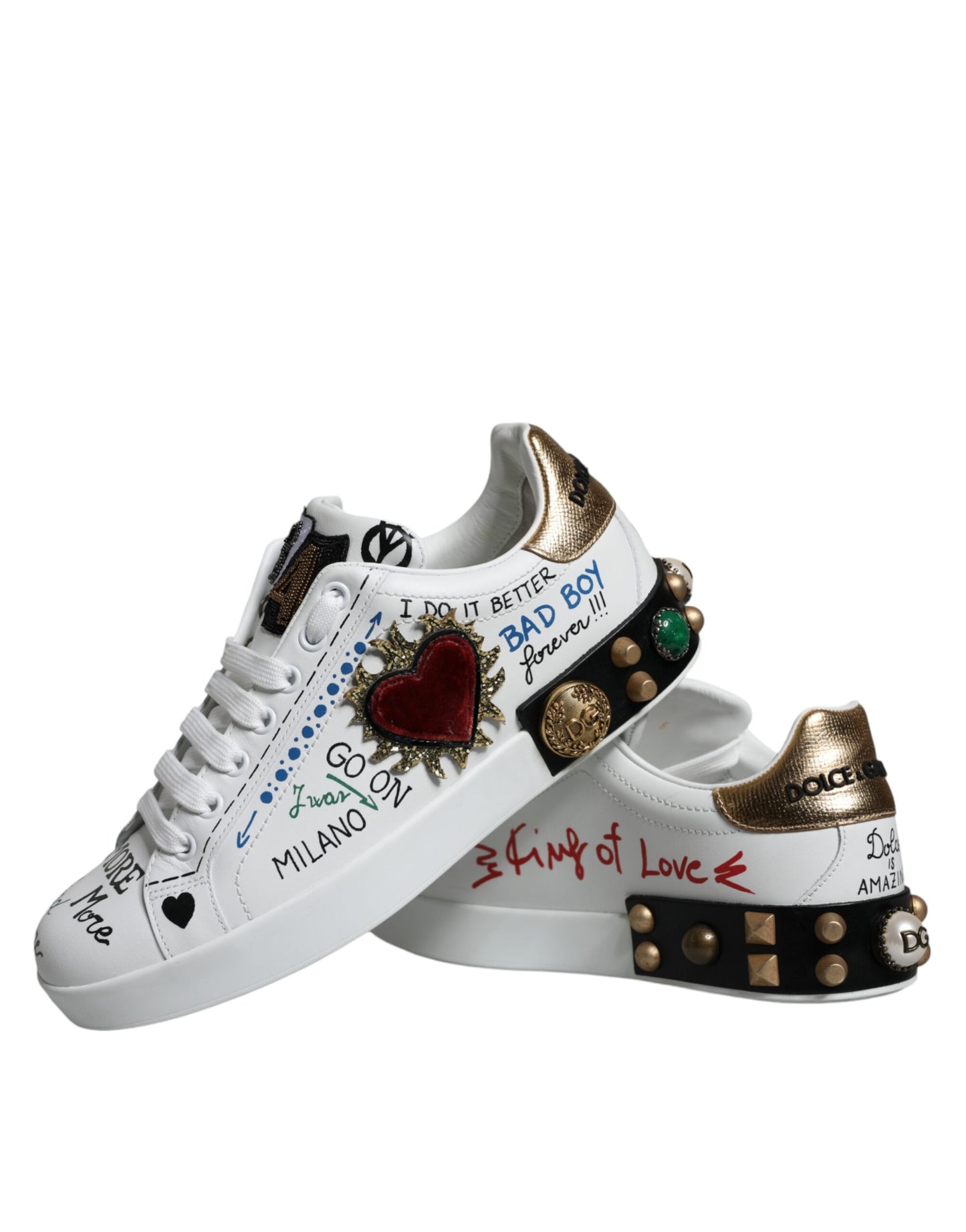 White Heart Studded Low Top Sneakers Shoes