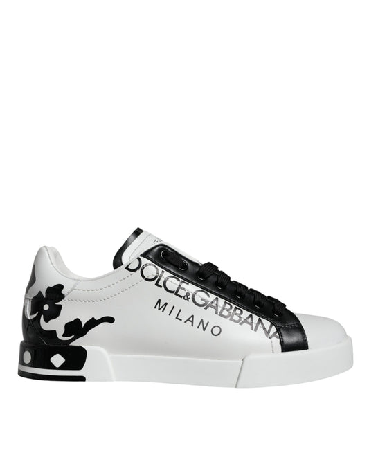 White Black Leather Crown Milano Sneakers Shoes