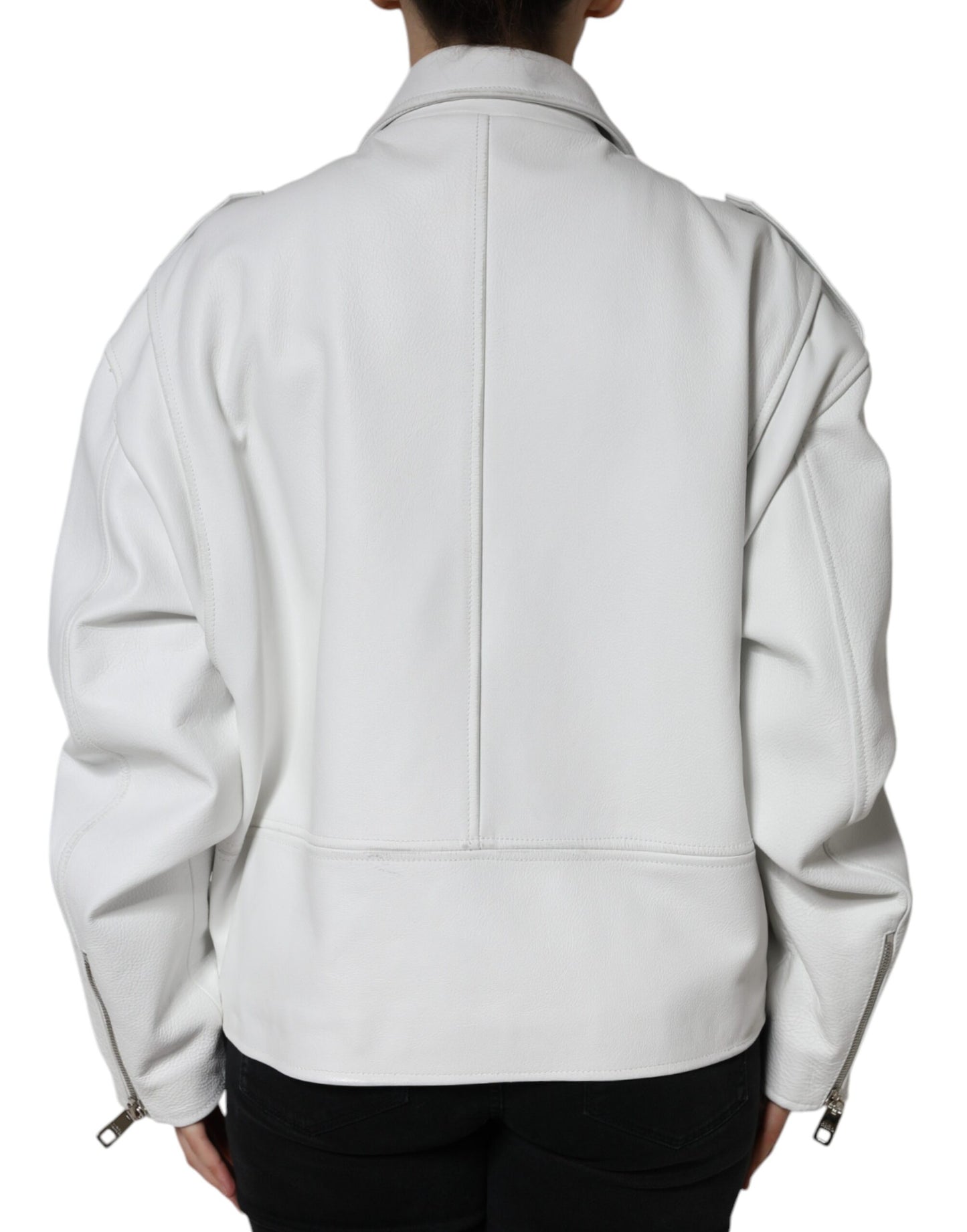 White Lambskin Leather Biker Coat Jacket