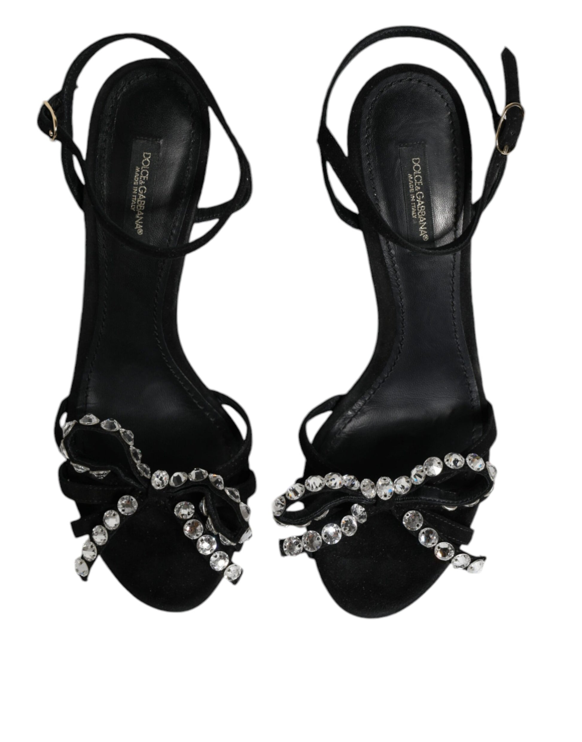 Black Leather Crystal Bow Heels Sandals Shoes