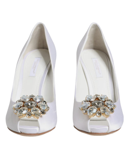 White Crystals Peep Toe Satin Pumps Shoes